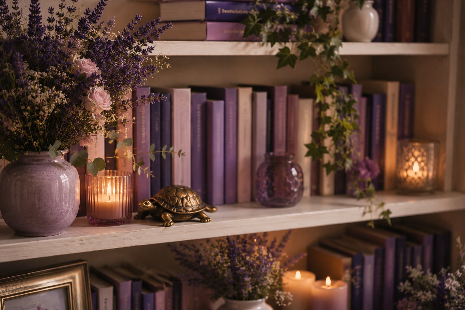 Bibliothèque et espace d’écriture dans les tons violets